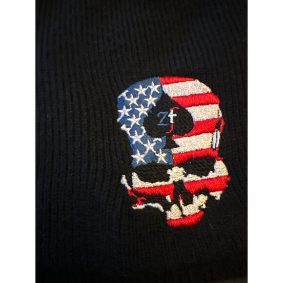 Black Knit Skull Cap Stocking Hat Stars and Stripes Skull One Size - Picture 2 of 4